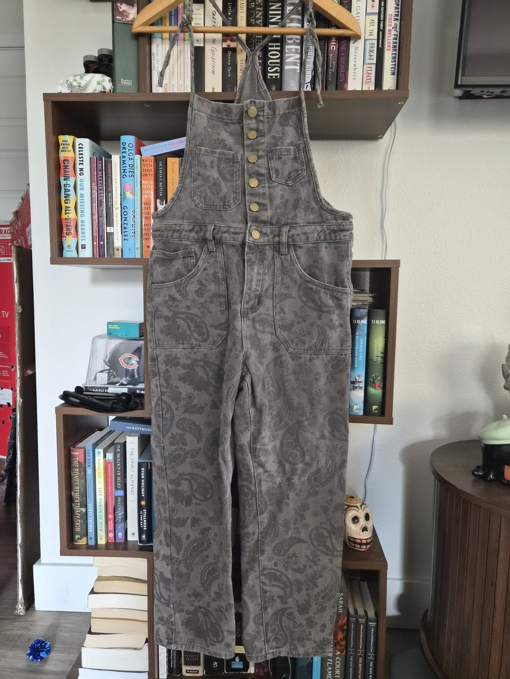 Easel Soft Washed Light Gray Overalls with Paisley Pattern